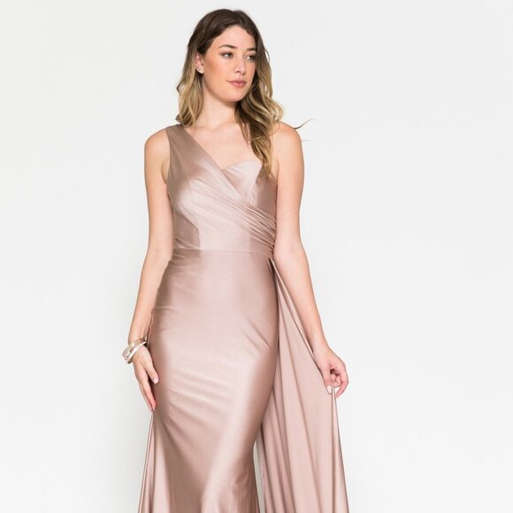 NEW DUSTY-ROSE LONG ONE SHOULDER FOR SPECIAL OCCASION GOWN WITH ZIP BACK AC387